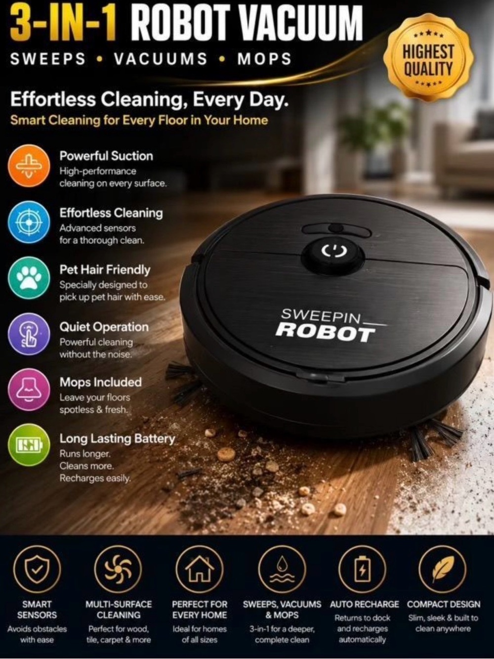 Sweepin Robot 3-in-1 Robot Vacuum - Black retail $170